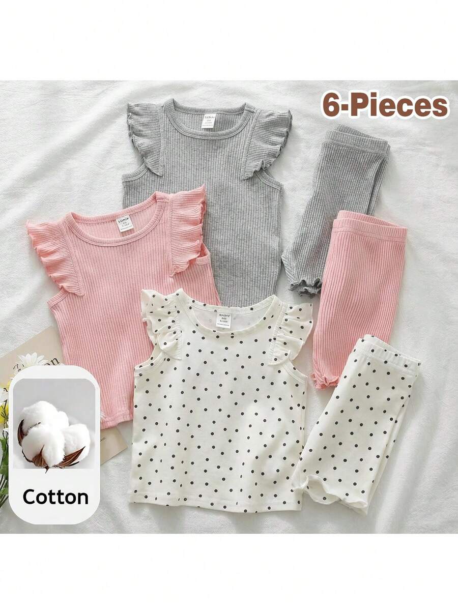 Loomiva 6pcs Baby Girl White And Black Polka Dot, Summer, Cute, Family Matching Solid Color Knit Round Neck Top And Elastic Waist Shorts Set, Cotton Baby Girl Outfit - Multicolor - View 1