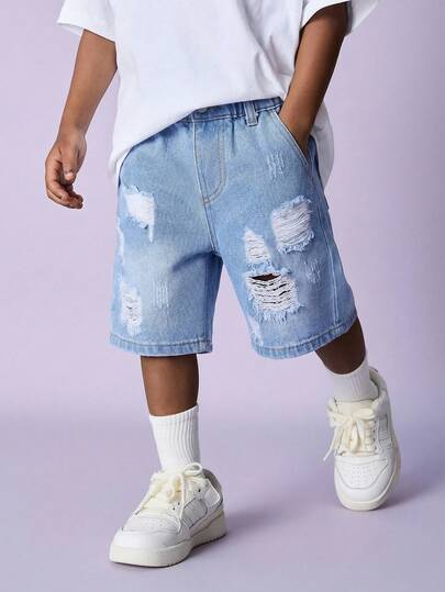 Young Boy New Fashion Distressed Light Washed Ripped Frayed Loose Fit Blue Denim Jeans Shorts Spring Summer,For Kids Boys Spring/Summer Dailywear Outfits,Boys Streetwear Outfits,Boys Beach Outfit,Vacation Outfits For Boys,Casual Clothes For Boys,Graphic Jeans,Toddler Shorts ,4-Year-Old Boys Shorts ,Summer Shorts ,Casual Shorts
