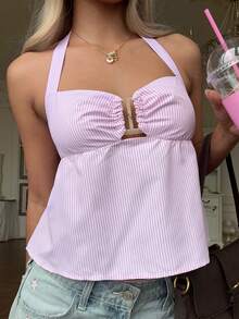 SHEIN CovetEZ Áo hai dây cổ yếm kẻ sọc xếp nếp dành cho nữ - Hồng - Xem 8