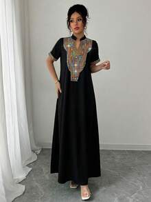 Rafferiza Contrast Color Embroidered Mandarin Collar Rhinestone Embellished Loose Long Dress For Women - Black - View 7