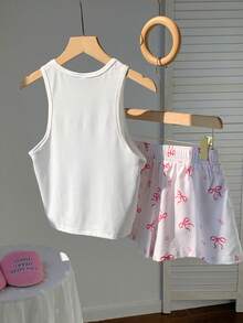 CovetEZ Casual Minimalist Summer Sweetheart Embroidered Bow Camisole And Butterfly Print Shorts Set, Versatile Sweet Homewear - Multicolor - View 2