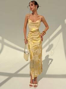 RiviMae Vestido con cuello abotonado y volantes, con correa de cintura de lámina de oro, adecuado para fiestas, citas, salidas, primavera/verano - Dorado - Ver 6