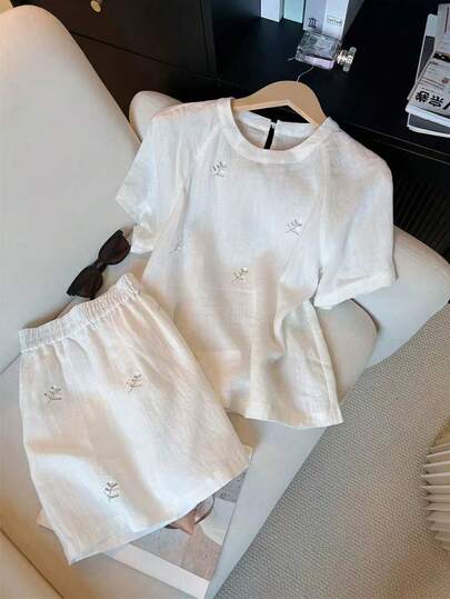GlowEve 2pcs/Set Linen Casual Vacation Beaded T-Shirt And Shorts
