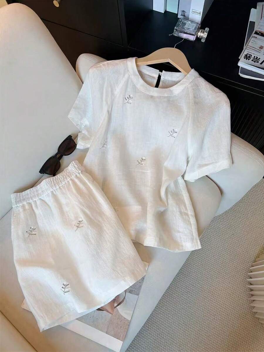 GlowEve 2pcs/Set Linen Casual Vacation Beaded T-Shirt And Shorts - White - View 1