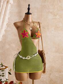 Bellisia Vestido de cuello halter con decoración floral y calado de ganchillo para mujer - Fresh Green - Ver 5
