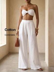 BamGleam Bộ đồ mùa hè mới về: Áo quây và quần ống rộng màu trắng tinh khôi, áo crop top đính nơ + quần ống suông, phong cách thanh lịch cho buổi hẹn hò, kỳ nghỉ biển. - trắng - Xem 8