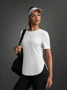 Powerista Camiseta deportiva casual de unicolor con abertura lateral y manga corta para mujer - Blanco - Ver 12