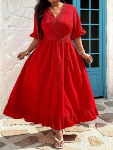 Ceyna Plus Size Lace Patchwork V-Neck Ruffle Hem A-Line Dress, Suitable For Beach Resort Wear, Wedding Season, Spring And Summer - Red - View 3