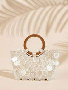 SHECARRY Ladies, Women Imitation Round Seashell Pieces Top Handle Bags, Wooden Handle, Fashionable, Elegant, Simple, Personalized, Versatile, For Beach, Vacation, Holiday, Summer, Seaside, Beach Party - Beige - View 2