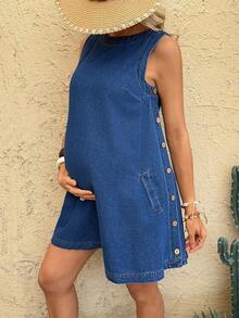 SHEIN 孕妇圆领侧扣休闲无袖牛仔连衣裙 - 藍色 - 查看 1