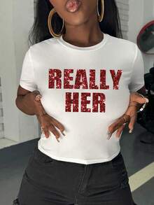 Rovax Women's Letter Pattern Round Neck Fitted Casual Daily Wear Short Sleeve T-Shirt - White - View 3