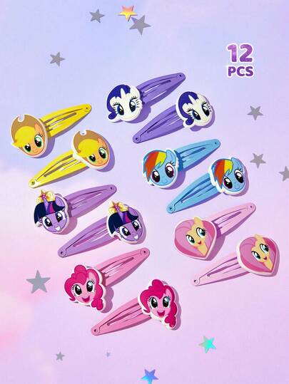 My Little Pony X SHEIN 12 paquetes de pasadores de pelo de niña con diseños de caricaturas dulces y lindos en colores de caramelo, y accesorios para el cabello de mujer, adecuados para sujetar el flequillo y el cabello dañado.