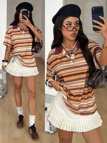 Coolane Women's 90s Retro Yellow Summer Chic Striped Oversized Lapel Short Sleeve Tees,Back-To-School School Casual Sportswear Renaissance Fair Khaki Brown - Yellow - View 2
