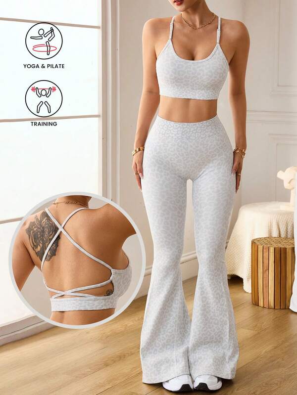 Slayform 2pcs Women Seamless Leopard Print Adjustable Criss-Cross Back Sports Bra & Flared Leggings Yoga Workout Set