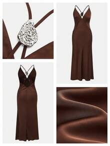 Vestido midi MAIJA elegante, plissado, em cetim, com decote quadrado e modelagem ajustada. - Castanho - Ver 5