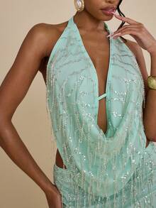 SHEIN BAE 薄荷蓝绿色流苏亮片露背吊带背心，适合音乐节、海滩、度假、派对、夜店等场合。 - 薄荷藍 - 查看 1