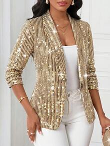 SHEIN Lady Blazer delgado con estampado de lentejuelas de moda para mujer - Blanco y Negro - Ver 6