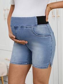 SHEIN Quần short denim bầu đa năng, thoải mái, thích hợp mặc hàng ngày từ xuân đến hè, đi làm, đi nghỉ mát, tốt nghiệp, phong cách Y2K, dễ thương, thời trang đường phố, dự tiệc, đám cưới, thanh lịch, công sở, thoải mái, màu sáng, quần short denim bầu cho nữ với cạp chun co giãn. - Màu xanh lam - Xem 4
