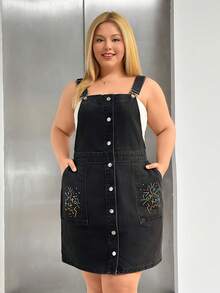 SHEIN Cottnline فستان جينز قطن 100% للنساء مقاس كبير - الأسود - مشاهدة 3