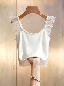 Franclia White Pearl Strap, Mesh Ruffle Shoulder Strap, Bow Satin Lining Outerwear Blouse For Women, Elegant Style - White - View 2