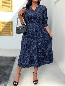 EMERY ROSE 大码女式波点印花短袖连衣裙长款套装 - 藍色 - 查看 4