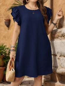 Enliva Plus Size Solid Color Round Neck Short Sleeve Dress, Summer, For Apple And Rounded Body Shape - Navy Blue - View 6