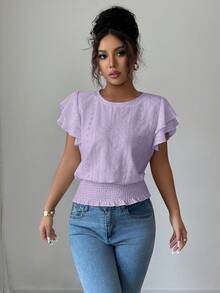 Selianne Kaos Polos Kasual untuk Liburan dengan Bordir Berongga dan Kerah Bulat - Mauve Purple - View 5