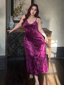 Dazy Plus Flocked Floral Bodycon Sexy Long Sleeve Maxi Nightgown, Plus Size Women Spring/Summer Sleepwear - Hot Pink - View 7