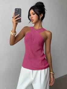 Elenzga Back To School Casual Criss-Cross Neckline Minimalist Unique Design Knit Sweater For Women, Spring/Autumn - Hot Pink - View 5