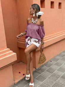Selianne Women's Off-Shoulder Printed Shirt And Shorts 2-Piece Set, Casual Holiday Outfit - Multicolor - View 5
