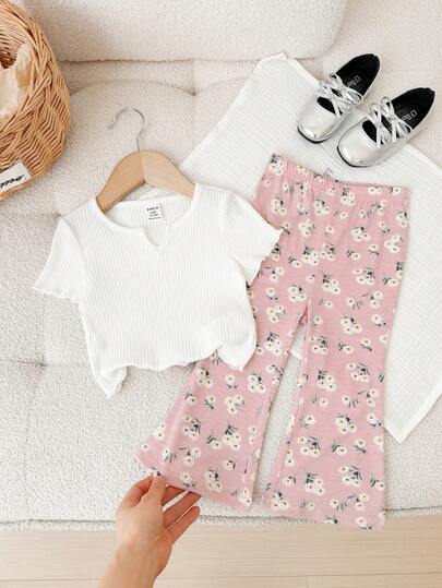 Babygirl Summer Cute Floral Print Pants And Short Sleeve T-Shirt Set