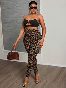 Slaydiva 大码时尚豹纹高腰打底裤 - 彩色 - 查看 6