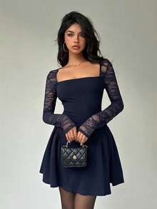 Aloruh Đầm ngắn xòe xếp ly eo, cổ vuông, phối ren dành cho nữ - Màu xanh hải quân - Xem 8