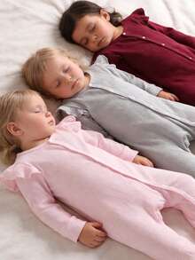 Bộ 1-3 món đồ ngủ liền thân dệt kim thoải mái cho bé gái, màu đỏ gạch, hồng nhạt, xám, xanh lá cây, màu trơn, đồ mặc nhà mùa xuân/thu. - Nhiều màu - Xem 4