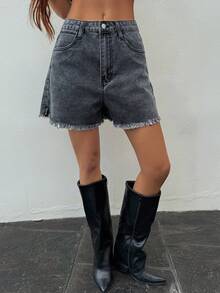 DAZY Quần short denim xám bạc màu dành cho nữ, kiểu dáng Y2K, thích hợp cho mùa hè. - Xám - Xem 6