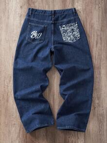 Manfinity Joysei Celana Jeans Pria Kasual Sehari-hari dengan Motif Huruf, Longgar, dan Lebar - Medium Wash - View 2