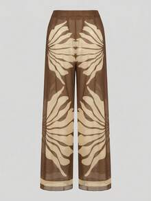 Swim Oasis Women's Patchwork Ruched One-Piece Swimsuit And Wide Leg Pants Set, Suitable For Beach Vacation, Pool Party, Beach Party - Brown - View 6