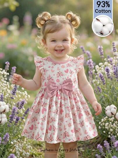 Cozy Pixies Baby Girl Floral Print Color Block Round Neck Short Sleeve Waist Tie Dress, Versatile & Comfortable Summer Elegant Baby Dress Baby Bow Dress Baby Girl Butterfly Dress Baby Girl Sleeveless Floral Print Casual Dress Baby Tea Party Dress