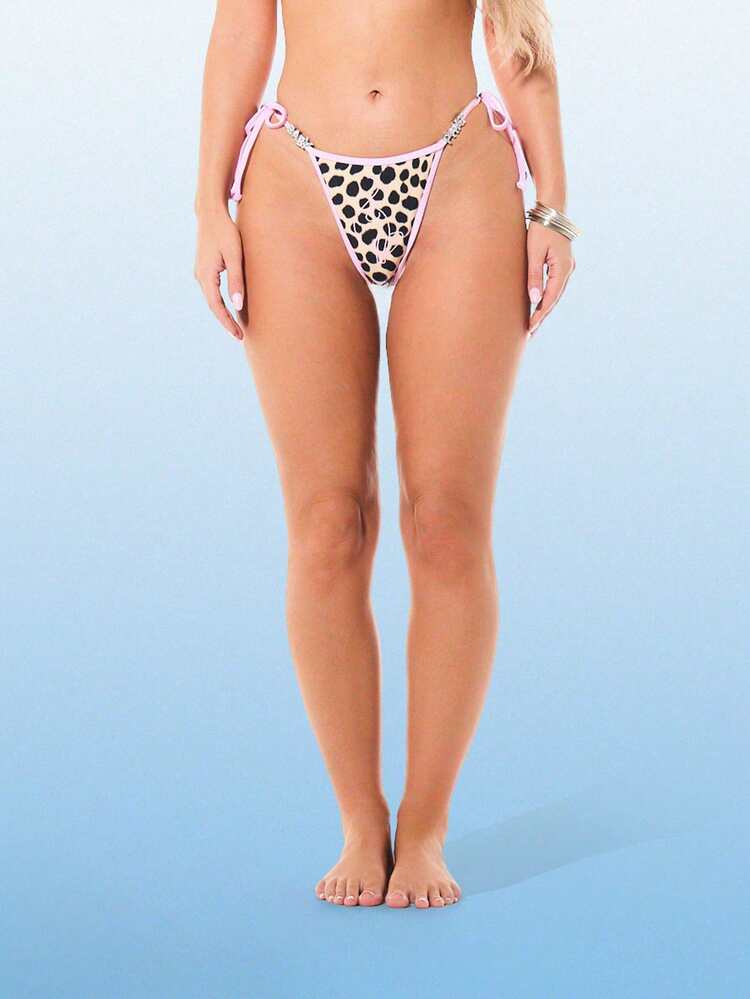 BABYPHAT Women's Cheetah Print Triangle Bikini Bottom With Contrast Pink Binding And Side Tie Details Summer Swimwear
