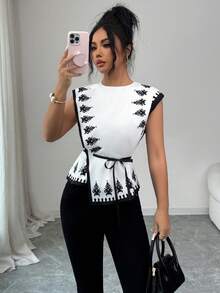 SHEIN Elenzya Elegant Commuter Casual Daily Fitted Dual-Color Placement Print Bowknot Strap Asymmetrical Women Blouse - White - View 4