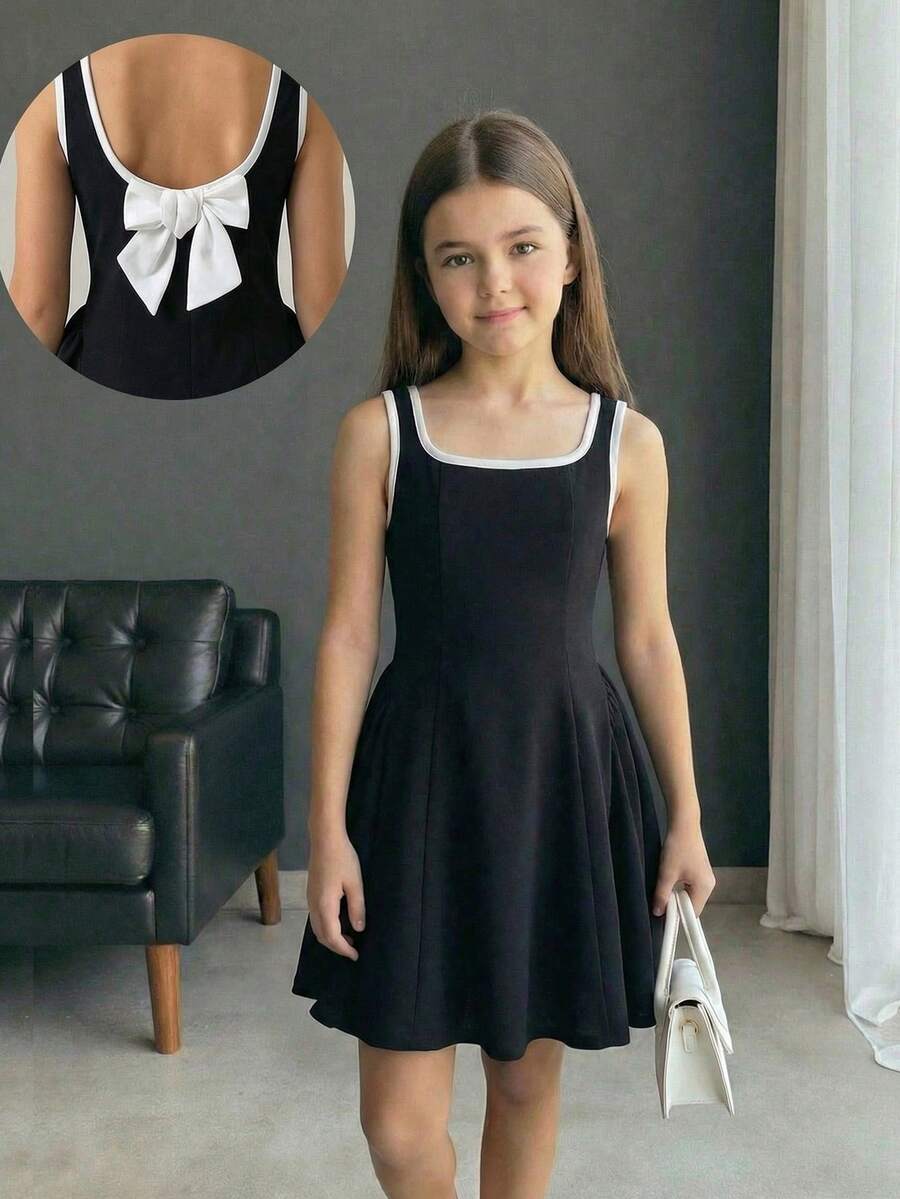 SHEIN Girls' Summer New Arrival Black & White Patchwork Sleeveless A-Line Dress, Sweet & Cute Daily Outfit - Black and White - View 1