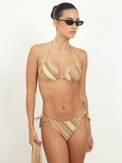 KSTM Striped Triangle Bikini Bottom With Side Ties And String Details For Beach Vacation Summer Swimwear