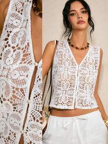 Poéselle Women's V-Neck Single-Breasted Hollow White Floral Crochet Tank Top,Summer Boho Vacation Holiday Lace Vest,Beach Music Festival Eyelet Cardigan Tops - White - View 1
