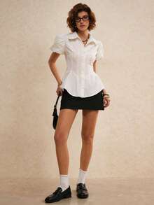 Poéselle 女士纯色前开襟纽扣优雅短袖衬衫，春夏款 - 白色 - 查看 8