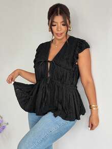 Firerie Plus Size Women's Solid Color Knotted Ruched Casual Elegant Versatile Daily Wear Shirt Date Night Black Summer - Black - View 4