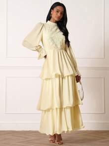 Lilora Women's Contrast Lace Stand Collar Ruffle Hem Elegant Dress - Apricot - View 1