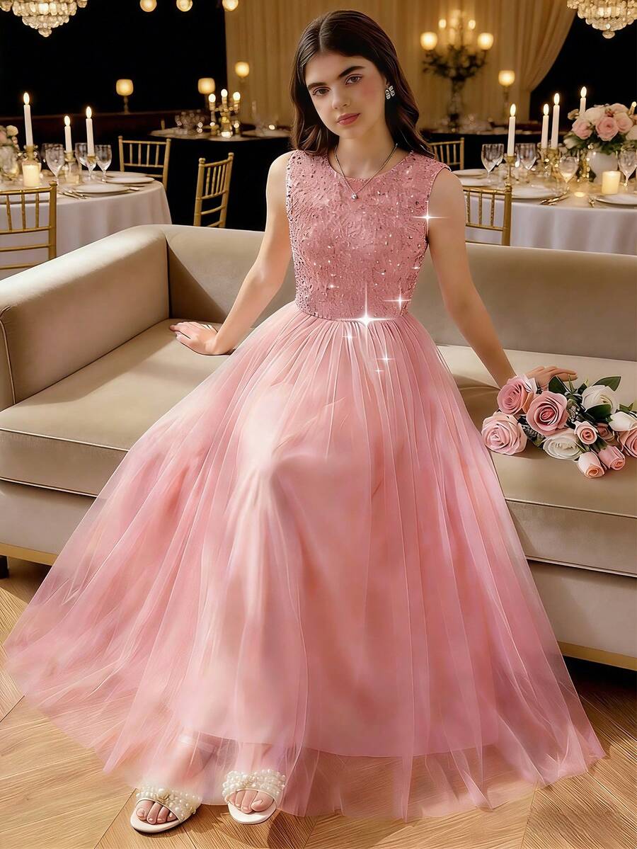 Glamorique Kids 香槟色儿童连衣裙，圣诞主题金色连衣裙，高端儿童派对服装，带大蝴蝶结和亮片的长裙 - 粉色 - 查看 1