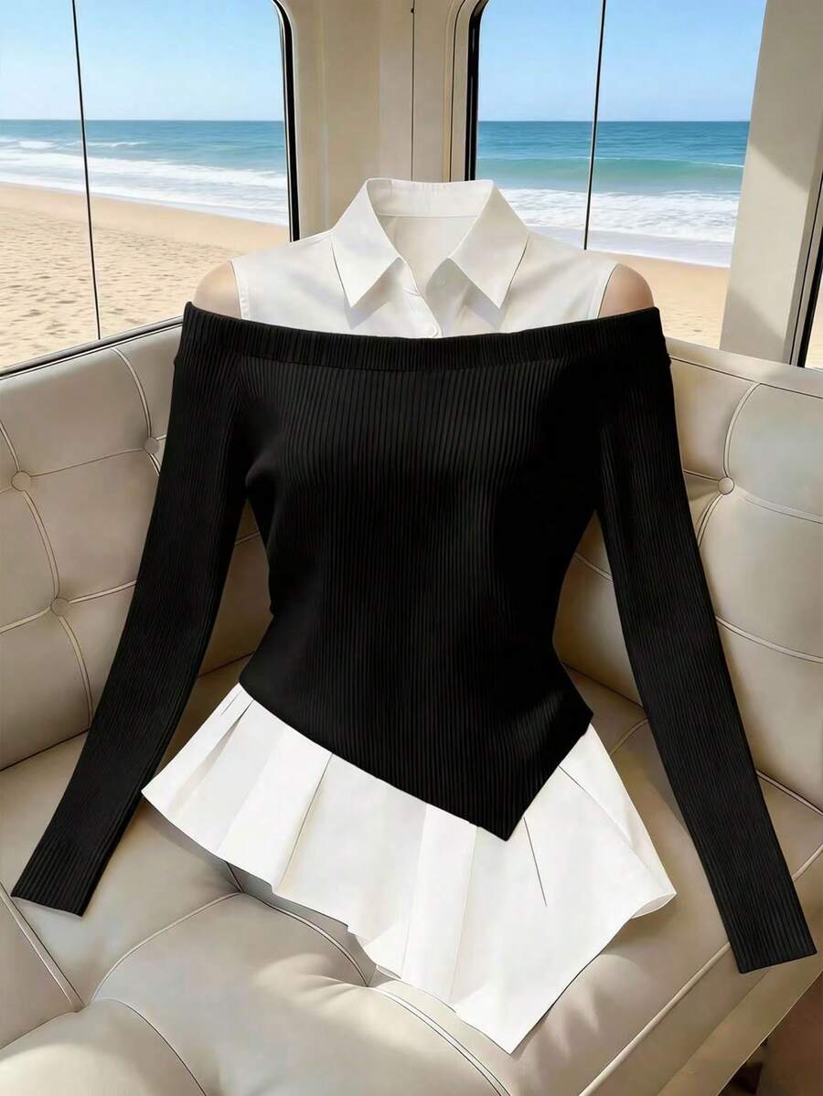 Franclia 女士法式简约时尚不对称二合一PLOL领长袖经典黑白撞色新款女式上衣，黑白撞色衬衫，适合冬季、圣诞节、新年、跨年夜、派对、海滩、优雅、休闲、浪漫、情人节、约会、毕业季等场合穿着，时尚休闲通勤装、商务办公装、百搭时尚日常休闲装、都市教师职业装。