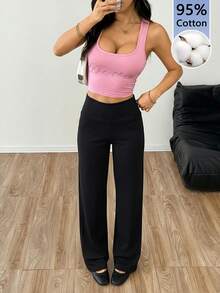 SHEIN EZwear 黑色高腰阔腿宽松休闲裤 - 黑色 - 查看 4