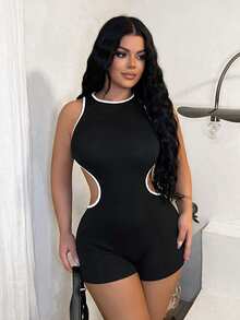 SHEIN SXY Sexy Black & White Hollow-Out Tight Romper - Black and White - View 5